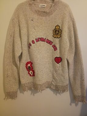 Kleep Men's Kelve Heavy Gauge Distressed Knit Sweater Graphic Sz L NWT